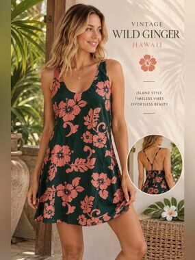 Wild Ginger Vintage Hawaiian Floral Mini Dress Open Back Tie Cotton Beach Boho